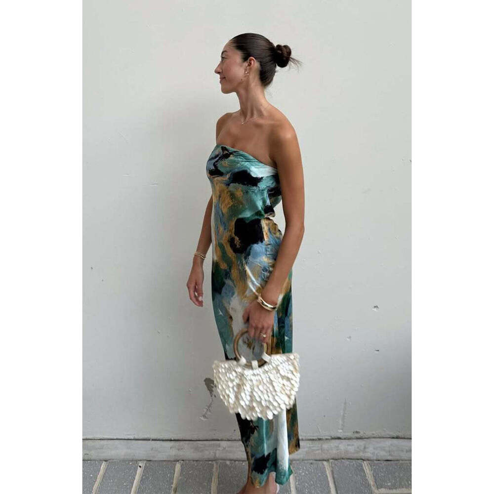 12th Tribe Natalia Blue and Gold Watercolor Strapless Maxi Dress Size XSXS - Picture 3 of 3